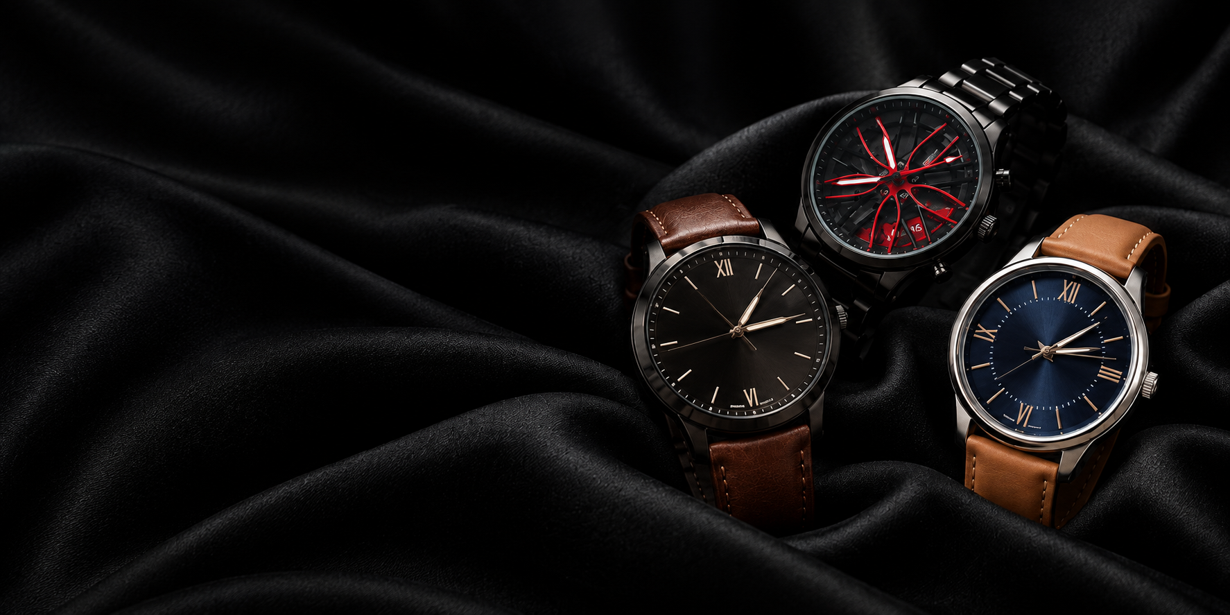 Tres relojes Jota & Co sobre tela negra